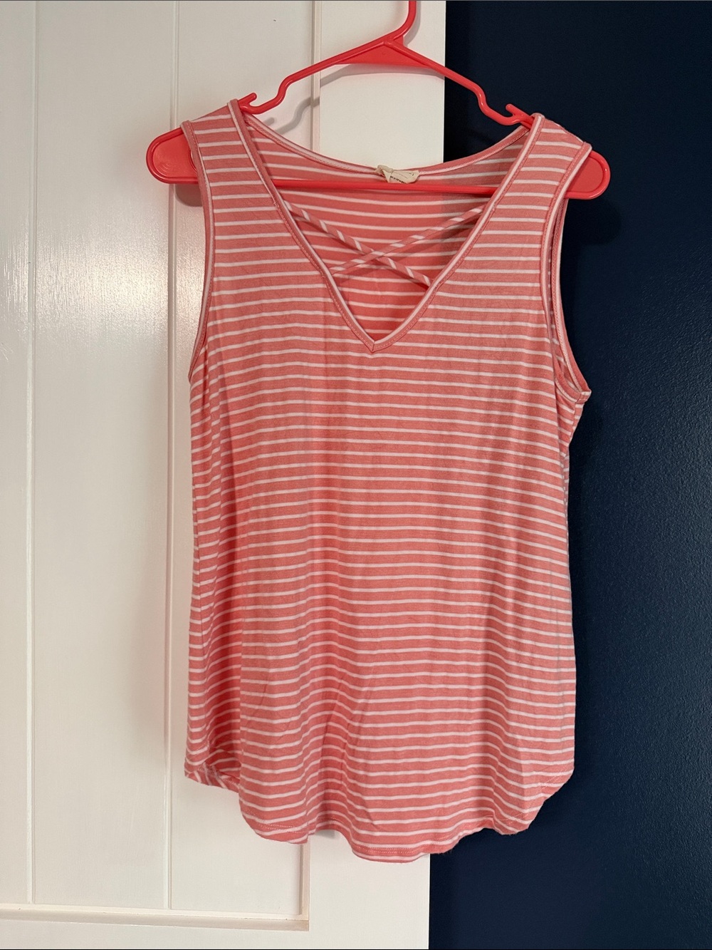 emory park Pink and White Striped V-Neck Tank with Crisscross Back